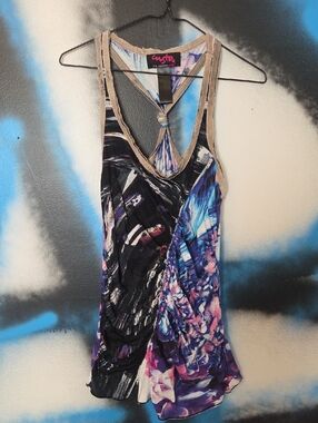Custo Barcelona Vintage Multicolor Black, Blue & Purple Knot-Back Tank